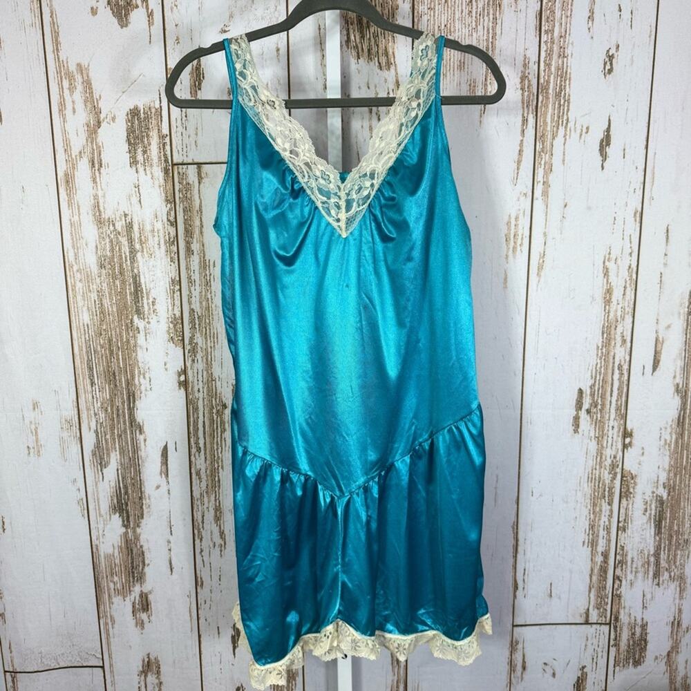 Improved Living, Teal Satin Chemise with Lace Accents. Similar to a Medium/Large